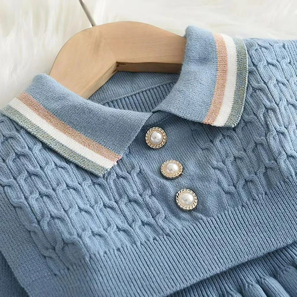 Autumn Winter Girls Sweater Long Sleeve Dress Vest Stripe Party Girl Baby Retro Knitted Wool Dress Casual Vestidos