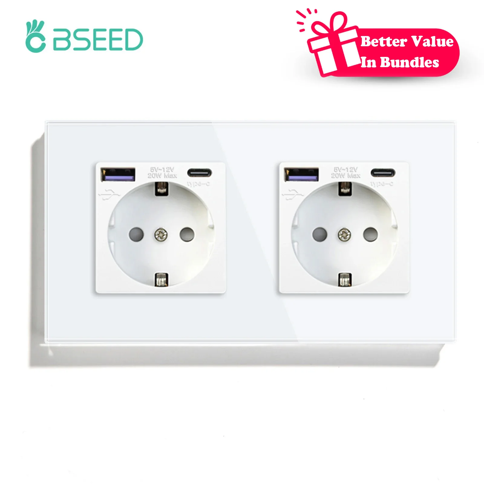 BSEED Wand-Doppelsteckdosen, Glas-Telefonladung, 20 W, USB-C-Buchse, 16 A, EU, 110 V-240 V, Steckdose, Schnellladung, Typ C, Wandmontage