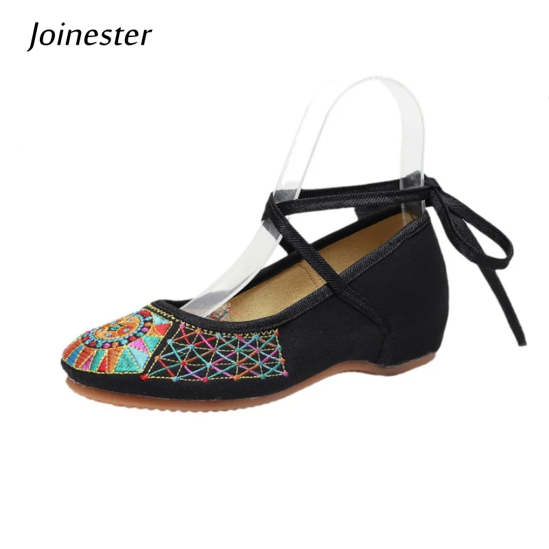 

Ladies Ethnic Embroidered Cross-Tied Dance Dress Pumps Breathable Low-Heeled Shoes Height Increasing Summer Footwear