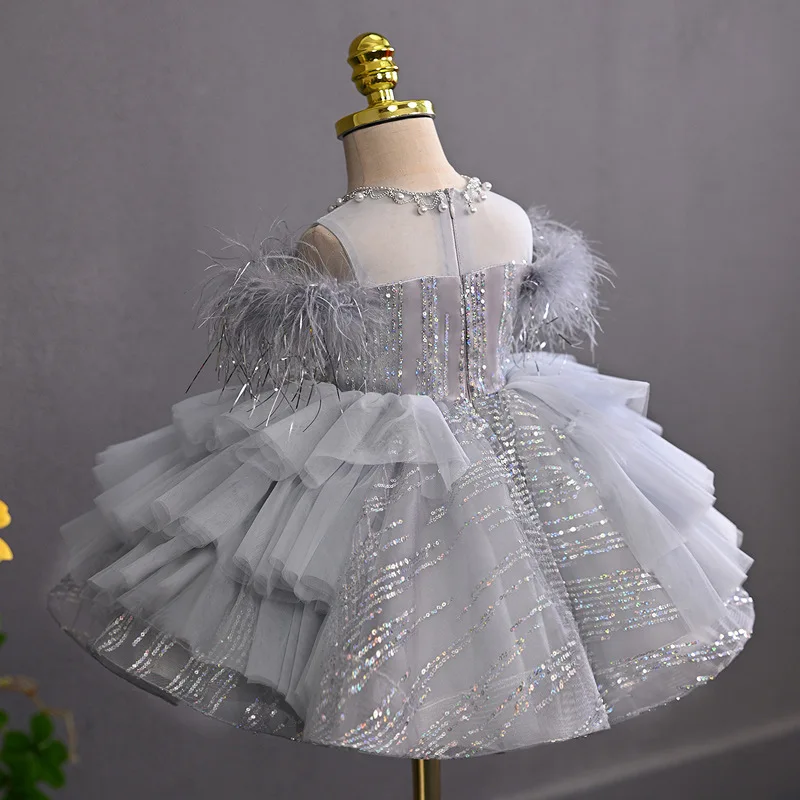 KLFLGD New Style Girls Dress Grey Sequins High-End Evening Dress Suitable for Girls Dress Up Evening Dress 0-8 Years Old Girls