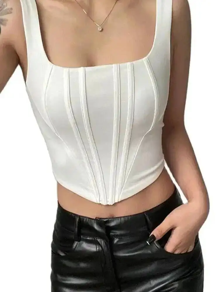Verão colheita sexy pescoço quadrado apertado sem costas curto topo sem mangas regatas feminino casual cor sólida camisola básica