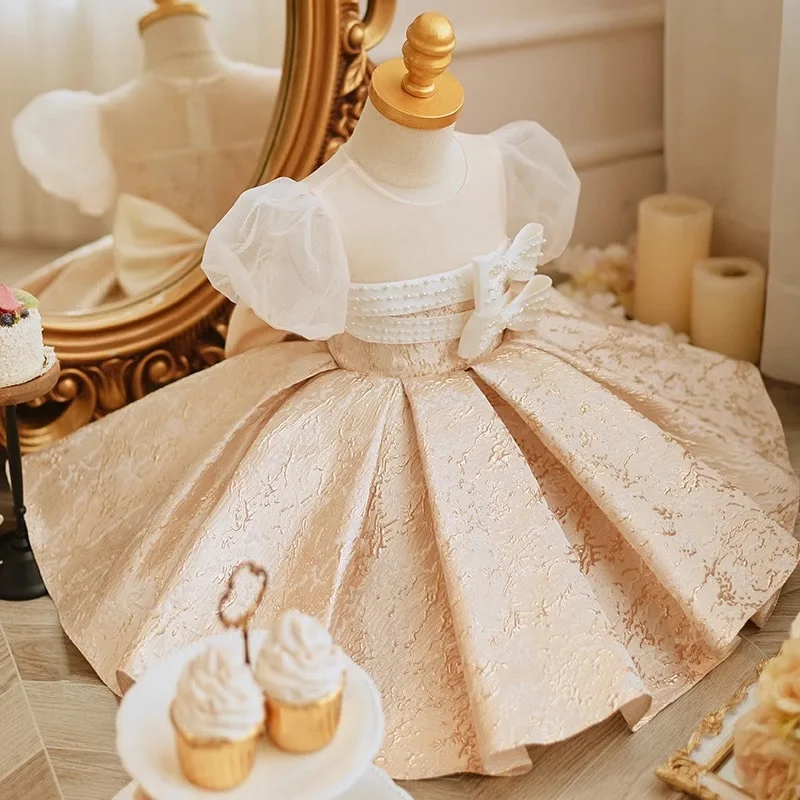 Baby Girl Dress Champagne Lace Beading Bow Baptism Dress for Girls 1st Year Birthday Party Wedding Christening Baptism Clothing