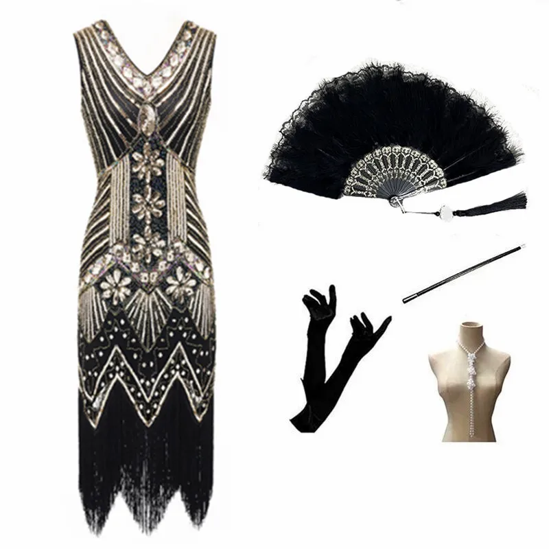 Retro 920s Gatsby Dance Par Evening Dr Doble V-ne Lentejuelas Borla Dr Mujer Faion Colección Primavera Poliéster