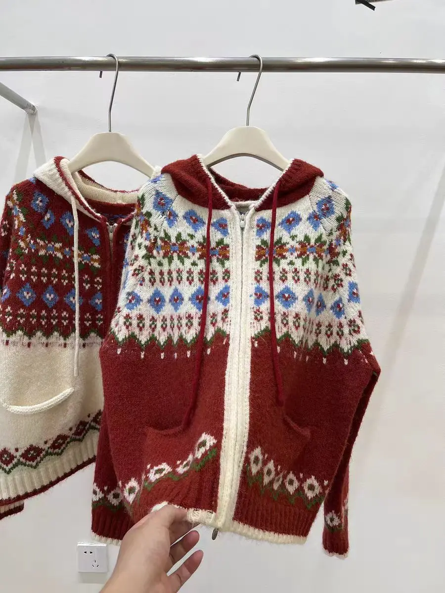 

Винтажный кардиган на молнии с капюшоном Fair Isle Design, жаккардовый вязаный свитер, женская верхняя одежда, корейские повседневные топы с длинными рукавами, зимние