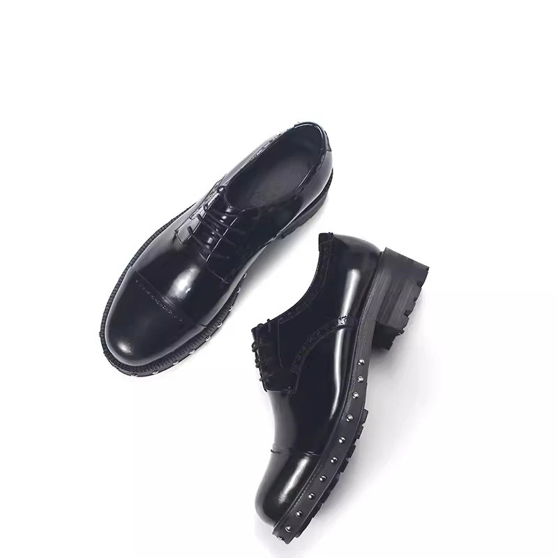 New Glossy Black Derby Leather Shoes Rivet Lace Up Fashion Thick Sole Casual Dress Wedding Shoes Male Genuine Leather Handmade