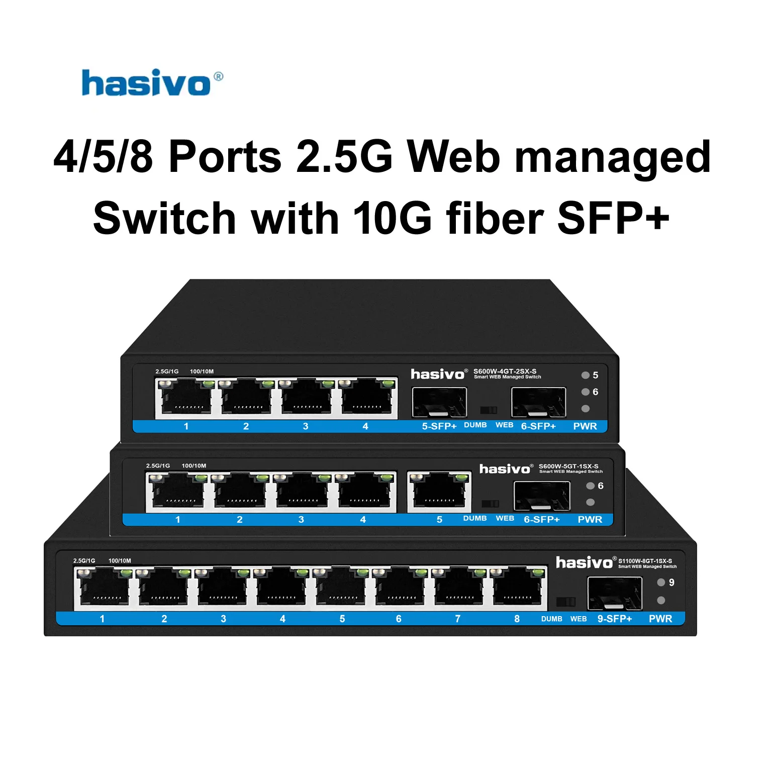 Hasivo 2.5G Network Switch 4/5/8 Ports Web Managed Mini Size 10G SFP+ Fanless Design for Efficient Data Networking
