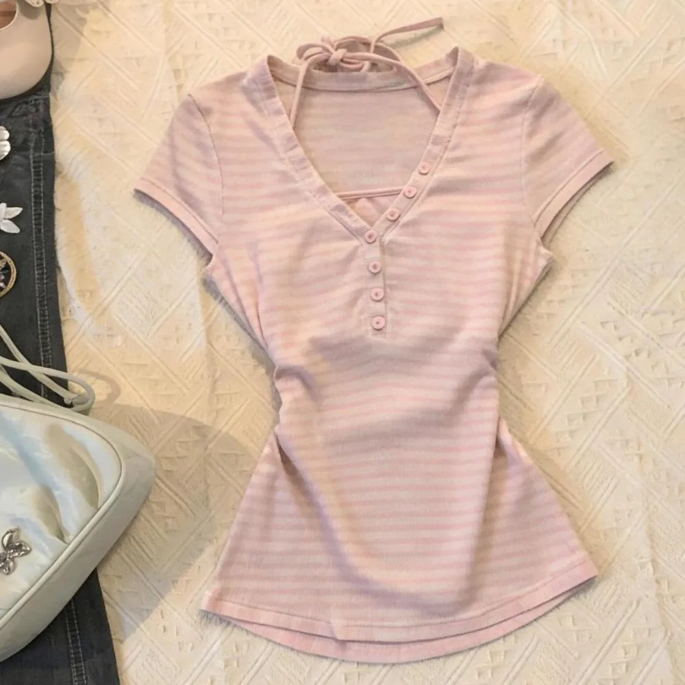American Street Vintage Hottie T-shirts Y2K Retro Pink Striped Two-piece Fashion Casual Tees Summer Harajuku Sweet Slim-fit Tops