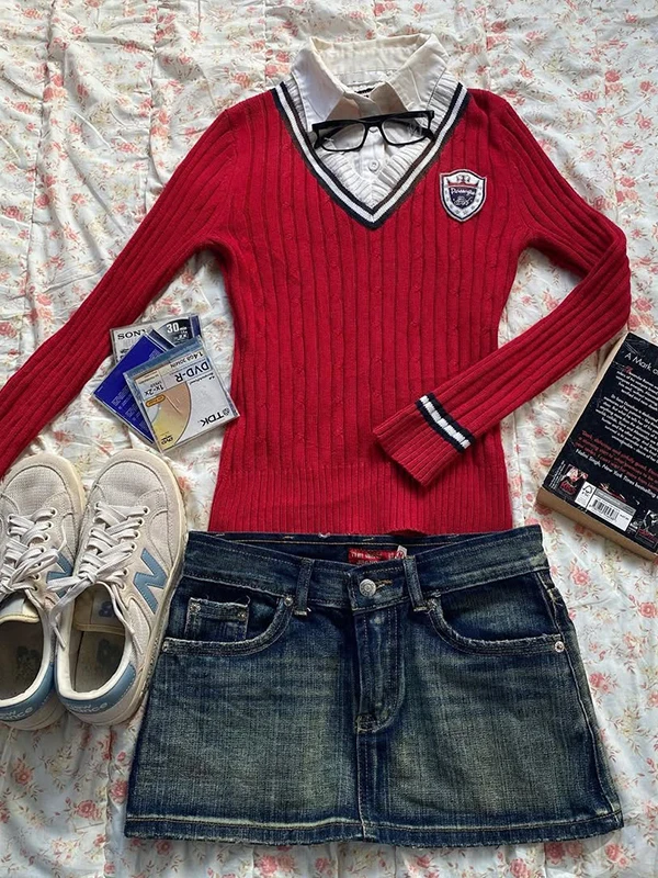 

Red Vintage Long Sve Fake Two-Piece Top for Women Original Design Autumn Faion Waist-Cinching Unique Sle Commute Cotto...