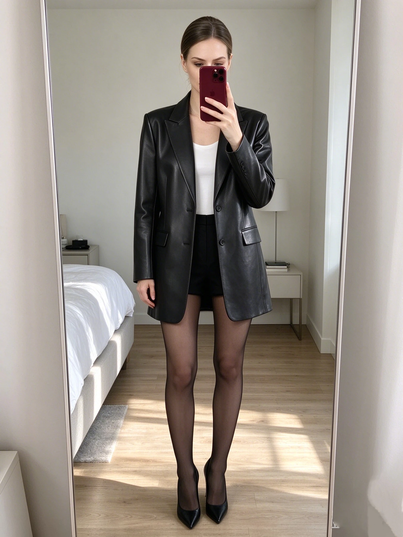Women's Faux Leather Oversized Blazer with Wide Notch Lapels and Mid-Length Fit