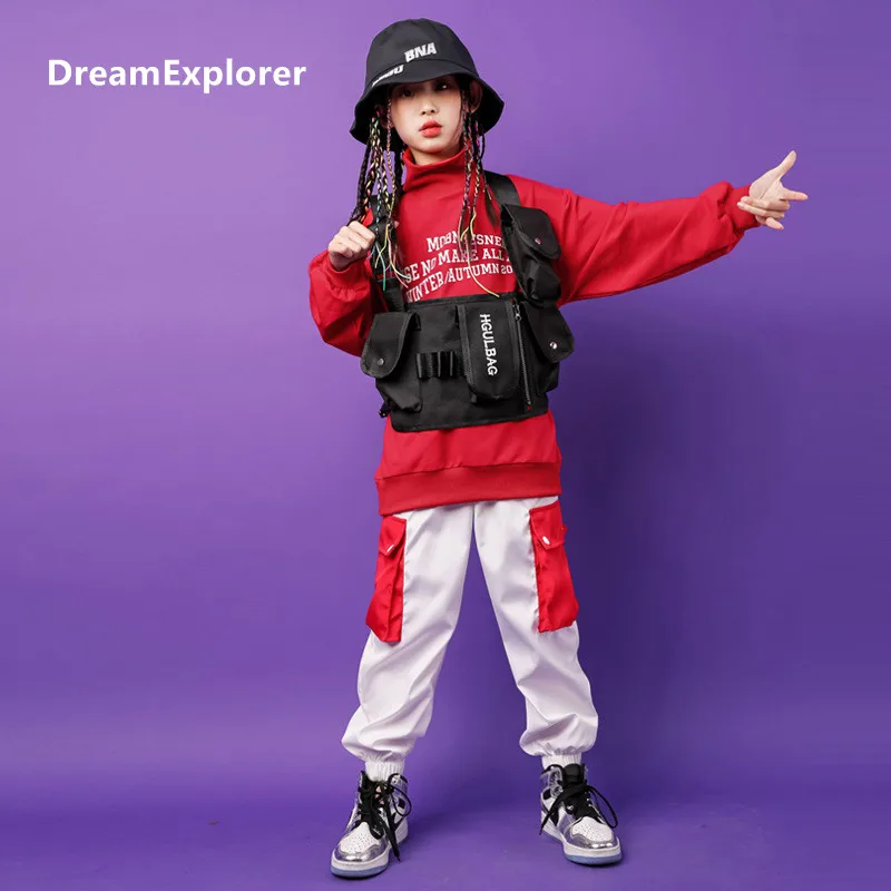 Girl Hip Hop High Collar Sweatshirt Boys Cargo Pants Kids Jazz Fanny Pack Joggers Clothes Set Child Street Dance Wear Costumes