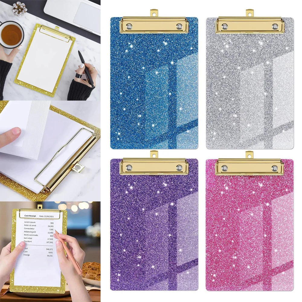 

A6 Acrylic Clipboard Folder Writing Pad Paper Organizer Folder With Gold Clip Glitter Document Clip School Office Supplies