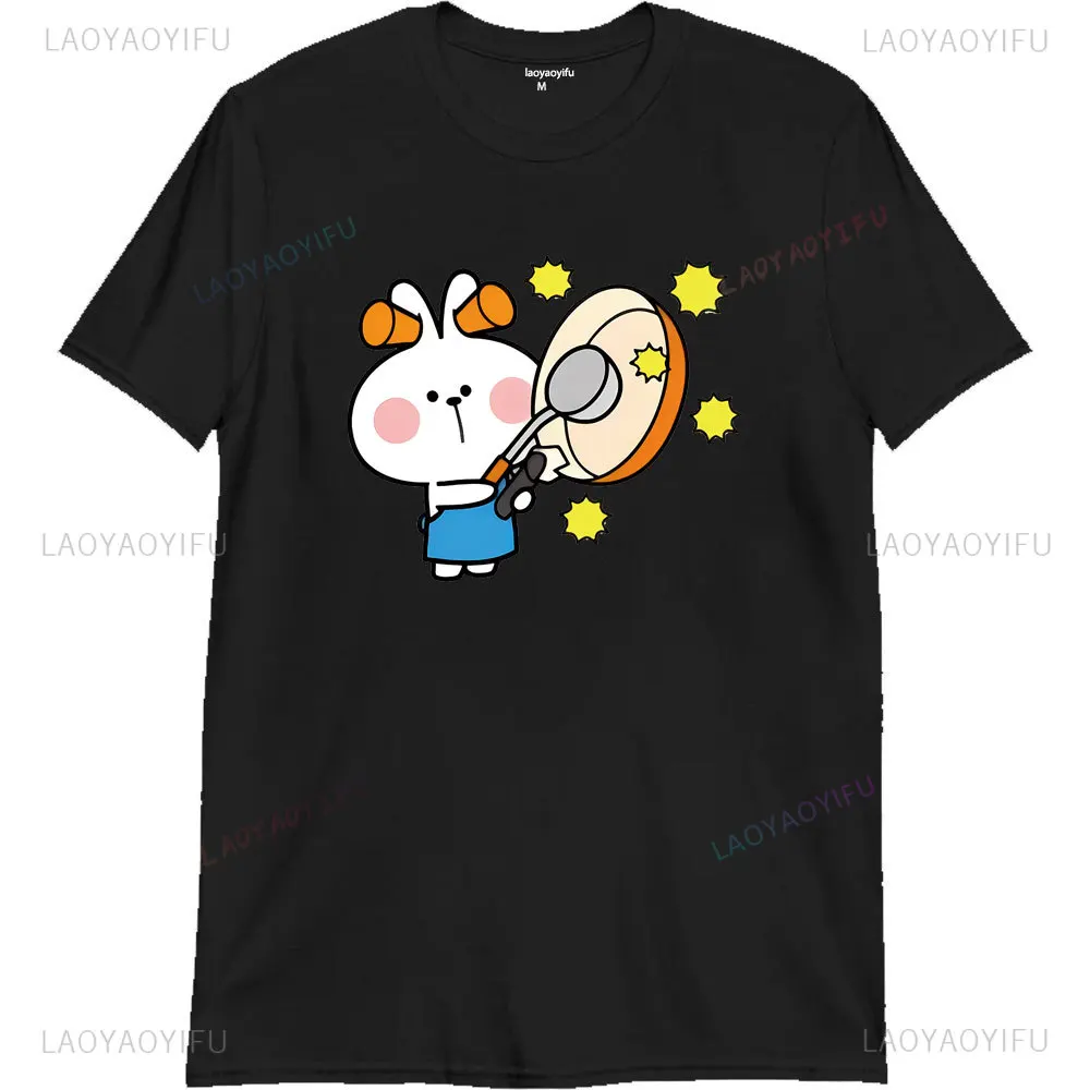 Spoiled Rabbit Apron At Kawaii Cartoon Print Lovers Cotton Tshirt for Men and Women Summer Short Sleeve O-Neck Y2k Aesthetic Top