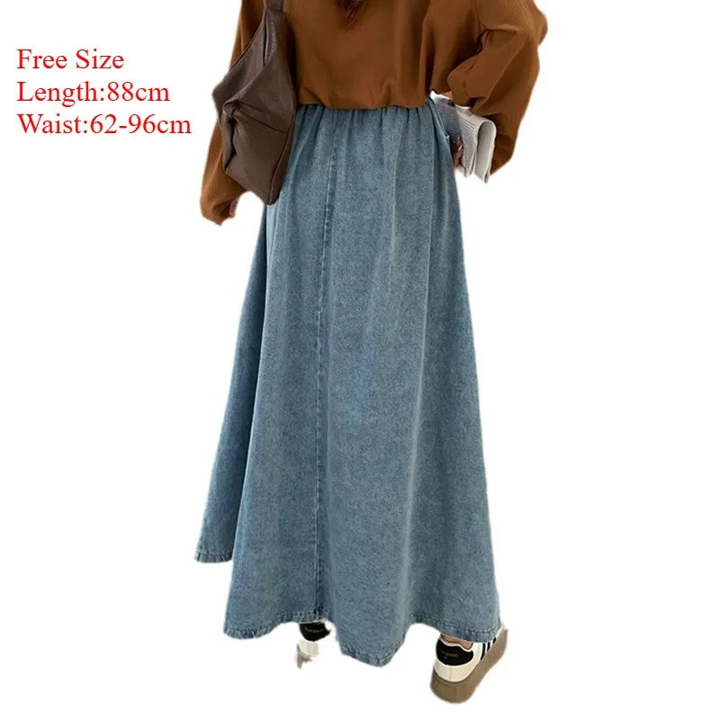 TFETTERS Elegante vrouwen gewassen denim rok 2025, lente herfst, rekbare elastische taille, A-lijn uitlopende maxirok voor dagelijks gebruik