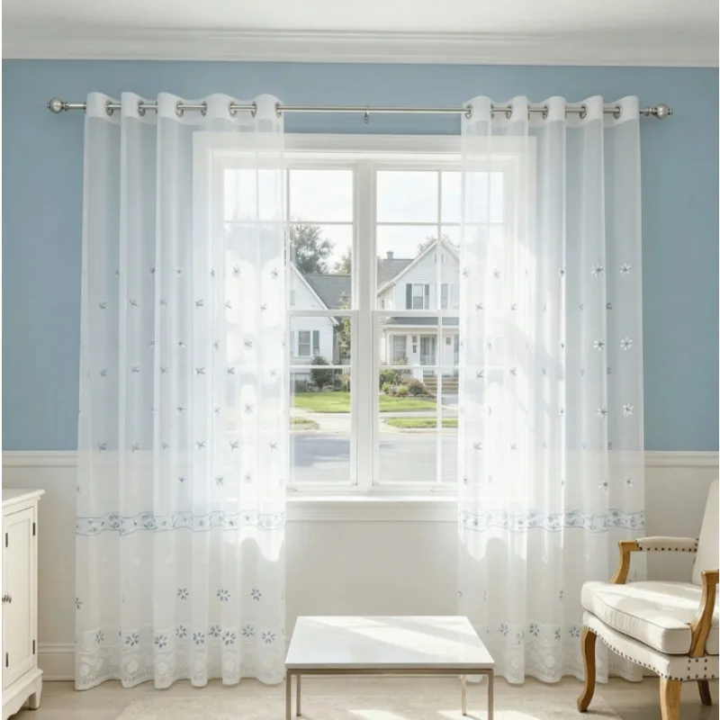 Nordic Ins Style Embroidery Double Row Small Flower Embroidery Gauze Curtain Small Fresh Living Room Bedroom Bay Window Curtain