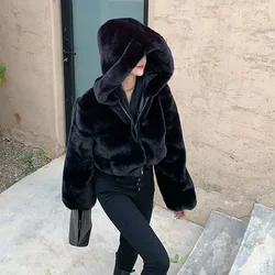 QNPQYX New Furry Cropped Faux Fur Coats and Jackets Women Fluffy Top Coat with Hooded Winter Fur Jacket manteau femme