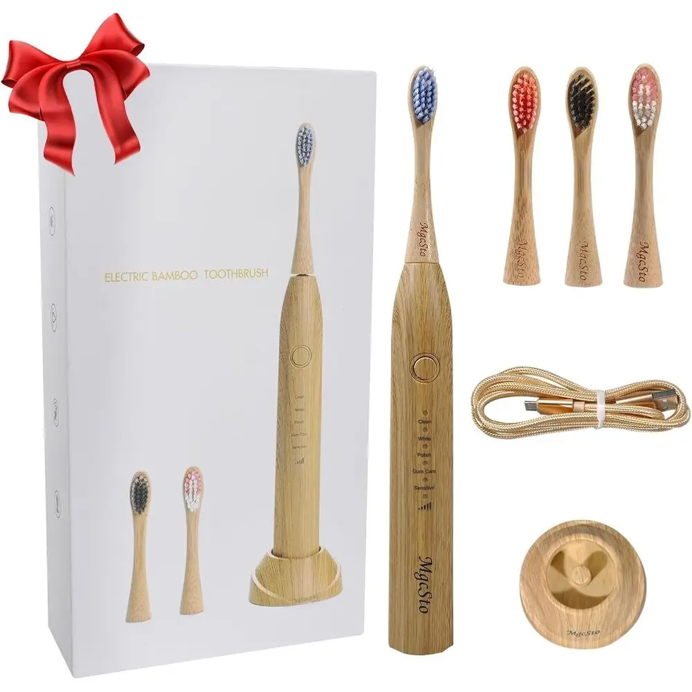 

Экологичная электрическая зубная щетка с бамбуковой ручкой, 4 сменными насадками и водонепроницаемостью IPX7