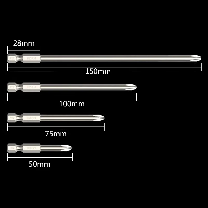 50/75/100/150mm Phillips Electric Screwdriver Bit PH0/1/2 Magnetic Screw Driver Bit S2 Alloy Steel High Hardness Batch Head Bit