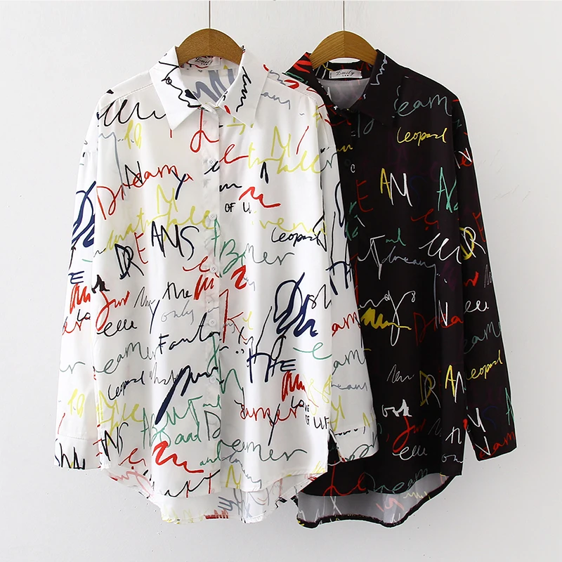 Spring Autumn Long Sleeve Women Blouses Graffiti letter print Blouse Fashion casual Loose Shirts Tops Blusas Mujer