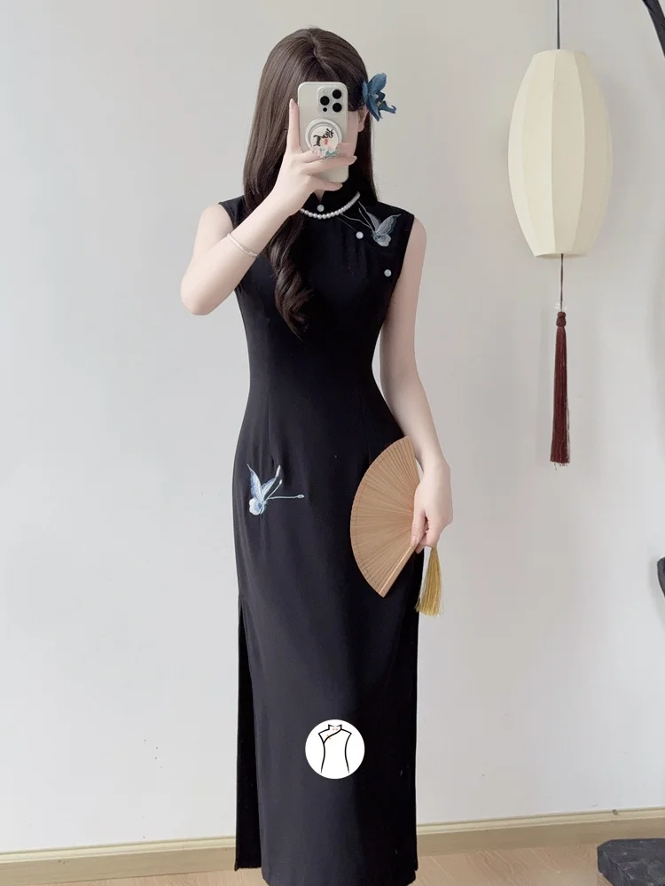 

Элегантное черное платье с вышивкой, приталенное, в китайском стиле, длинное, дышащее, комфортное, летнее