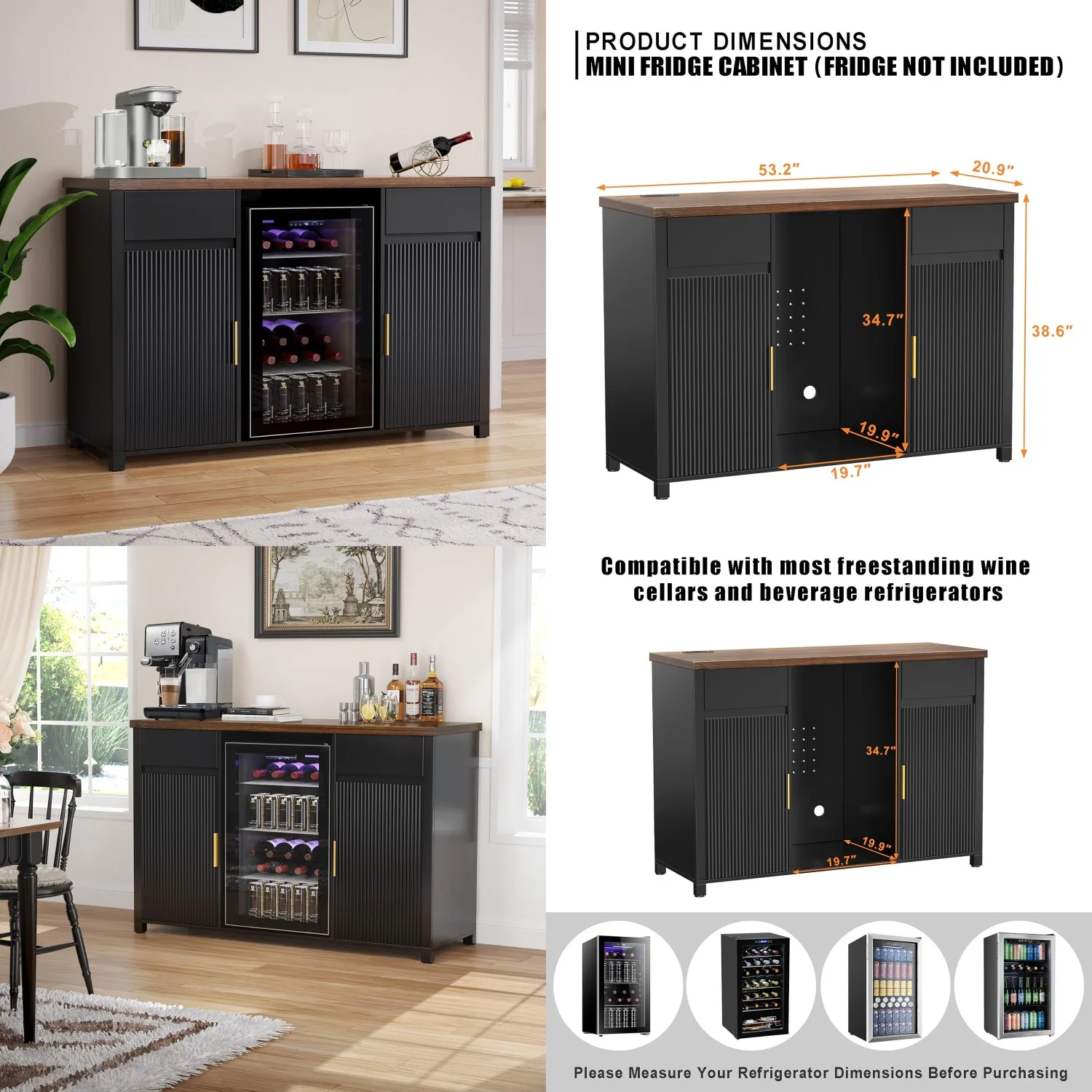 

Большой кофейный бар-шкаф с местом для холодильника, винным хранилищем, буфет-сервант, современный дизайн с рифленой отделкой, 53.2 дюйма в длину, на заказ