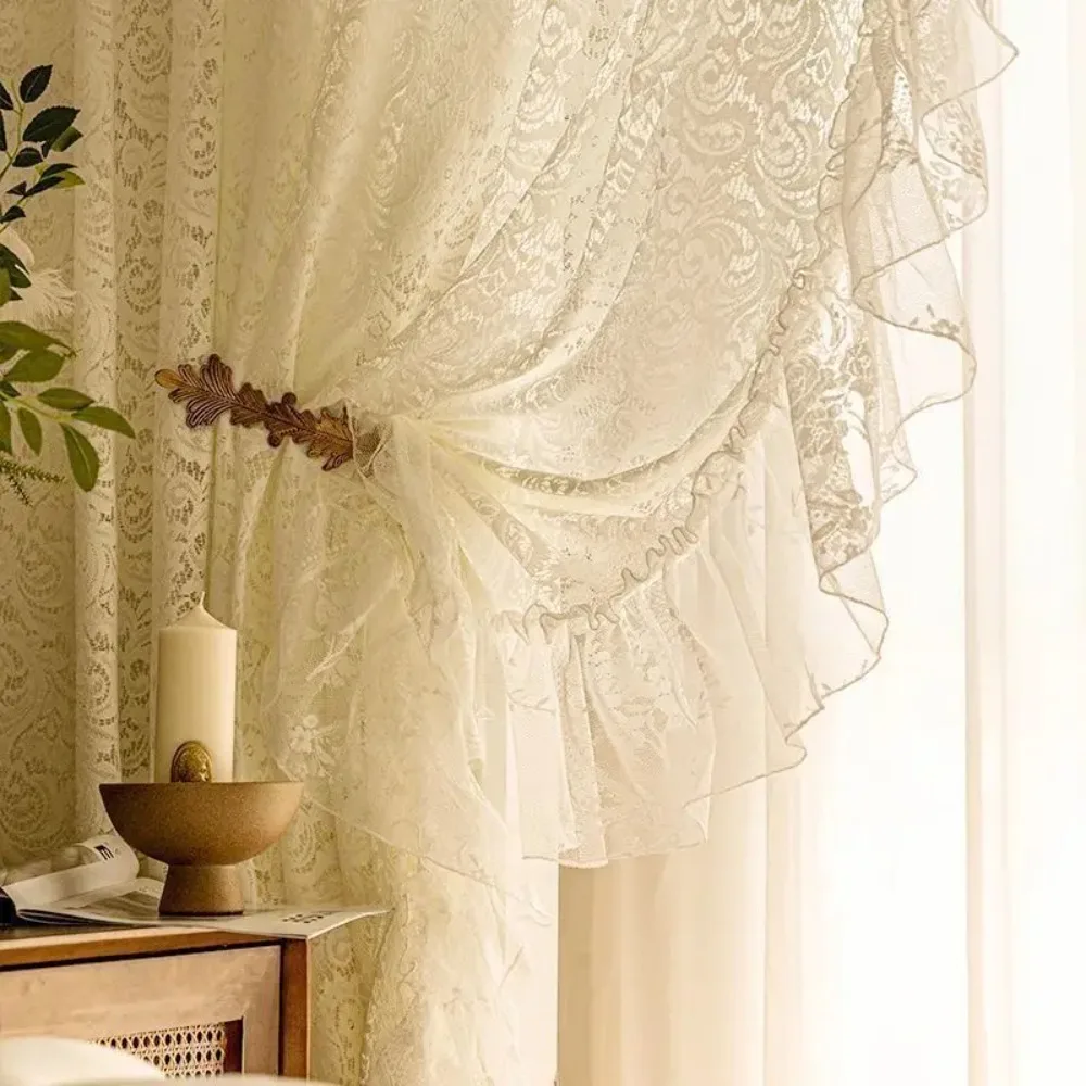 French Idyllic Elegant Solid White Warp Ruffled Tulle Curtains for Living Room Romantic Lace Gauze Curtains for Kitchen