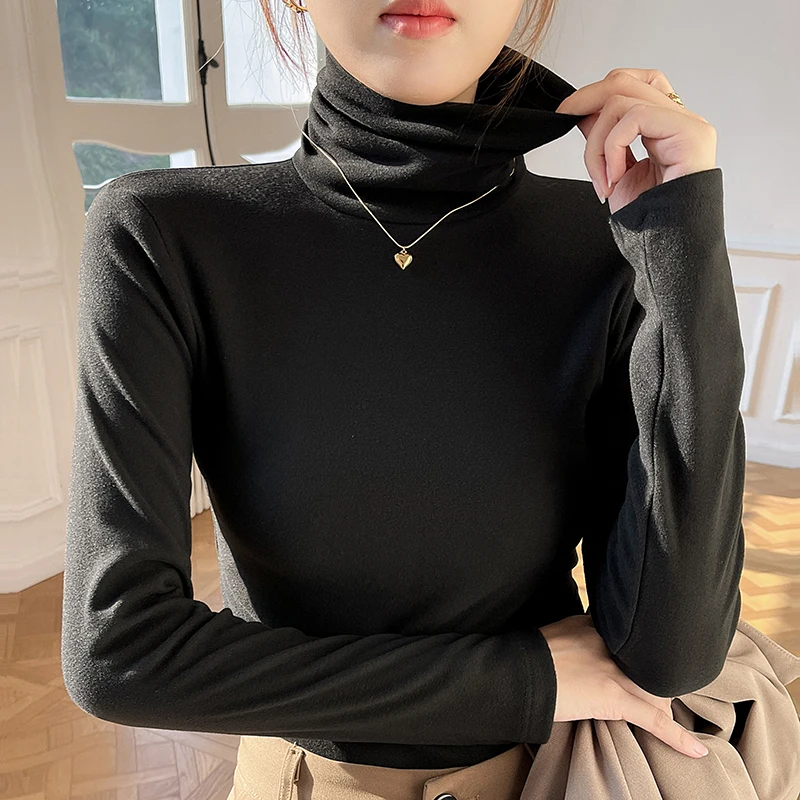 Turtleneck Sweater Double-sided Velvet Bottom Shirt Women Autumn Winter Thickened Warm Clothes Soft Slimming