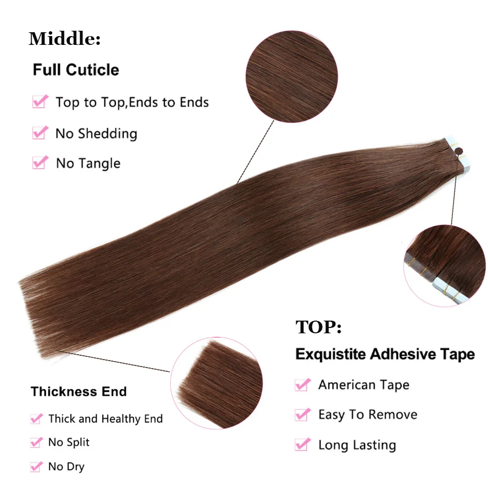 Tape in Hair Extensions Human Hair Dark Brown #2 Seamless Tape in Hair Extensions Invisible Hair Extensions for Women 50g/pack