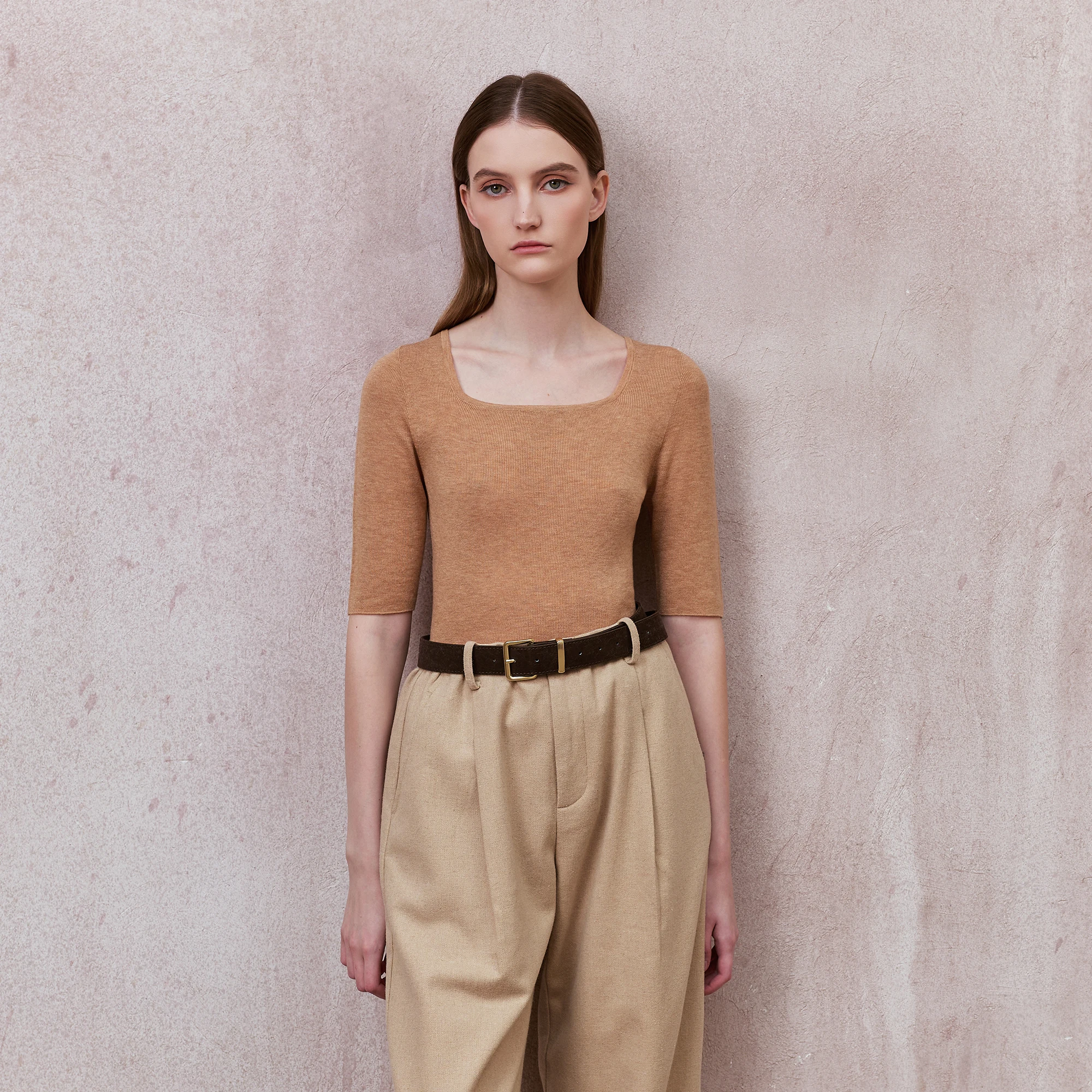 

Lolo Fur PLA6985 Wool Blend Knitted f Sve U-Ne Base Layer Warmth Top Casual Sle ort Sve Women's Faion