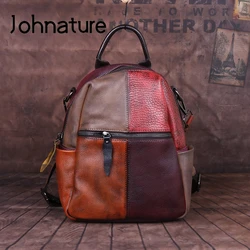 Johnature High Quality Genuine Leather Women Backpack 2024 New Large Capacity Retro Hand-wiping Random Color Mixing Travel Bags