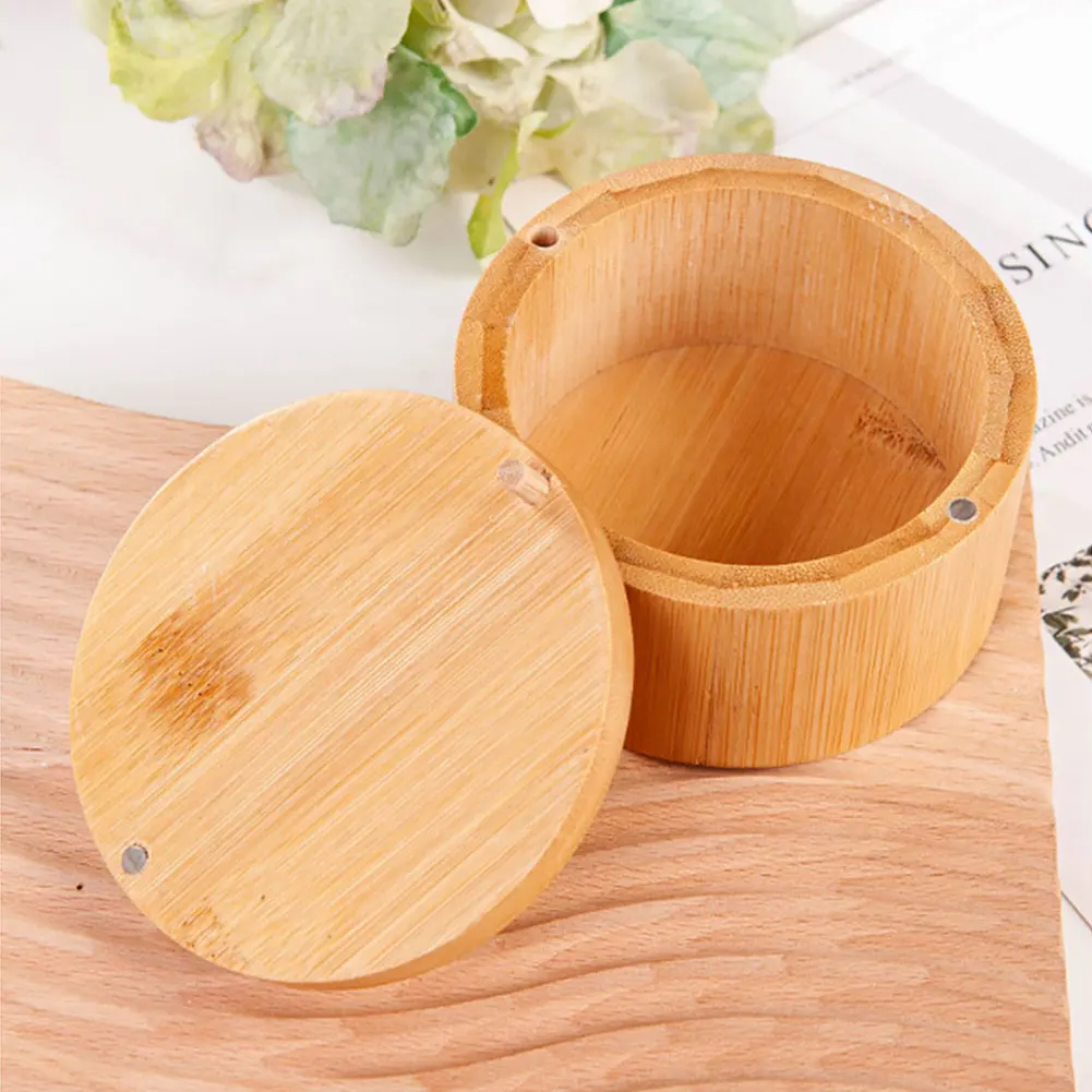 Bamboo Salt Cellar with Swivel Magnetic Closure Lid Bamboo Storage Box Round Salt Container for Storing Salt Pepper Sugar Herbs