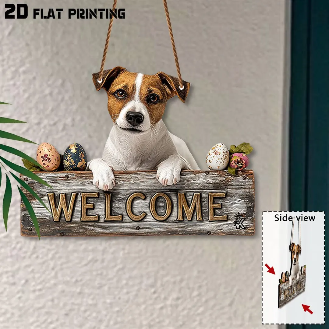 2D Flat,Jack Russell Terrier Welcome Plaque, Home Decor,Spring Gift Easter Decor,Cute Style Wall Decor, Gifts for Terrier Lovers