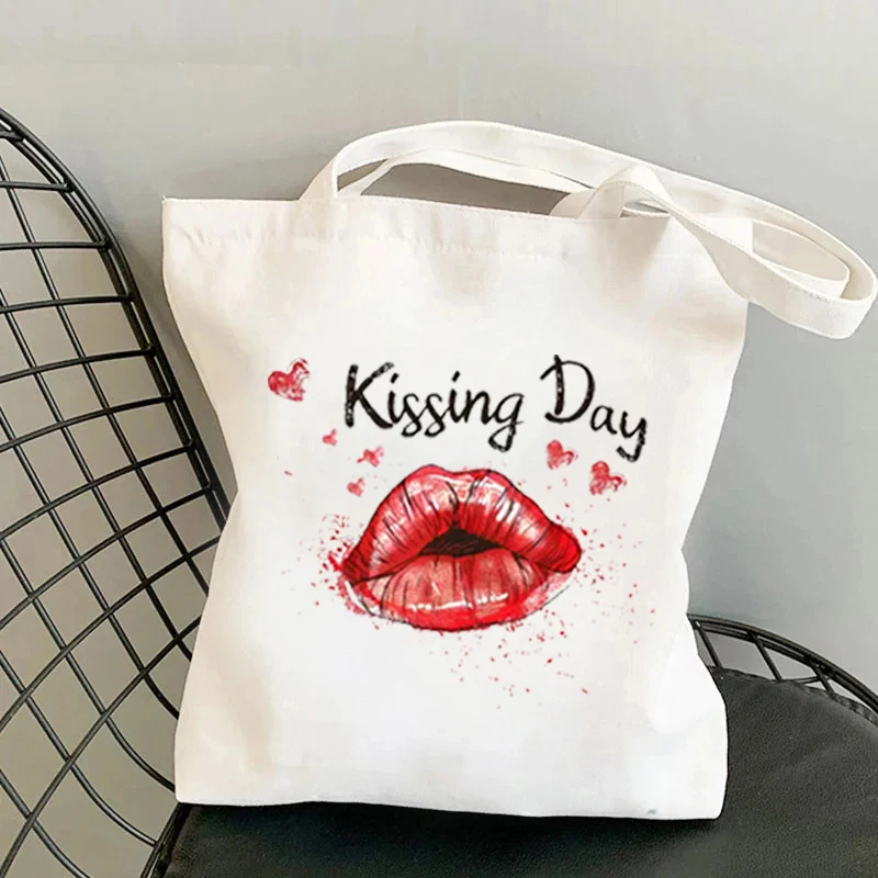 Bolso de hombro con estampado de labios besándose día, bolsa de lona de diseñador de moda, organizador de gran capacidad, bolsa de viaje para compras, regalo para amantes