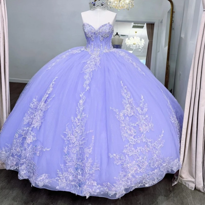 

Лавандовые блестящие платья Quinceanera с открытыми плечами и аппликацией из кружева и бусин, тюлевое платье для вечеринки, дня рождения, сладкое платье 16, Vestidos 15 De Anos