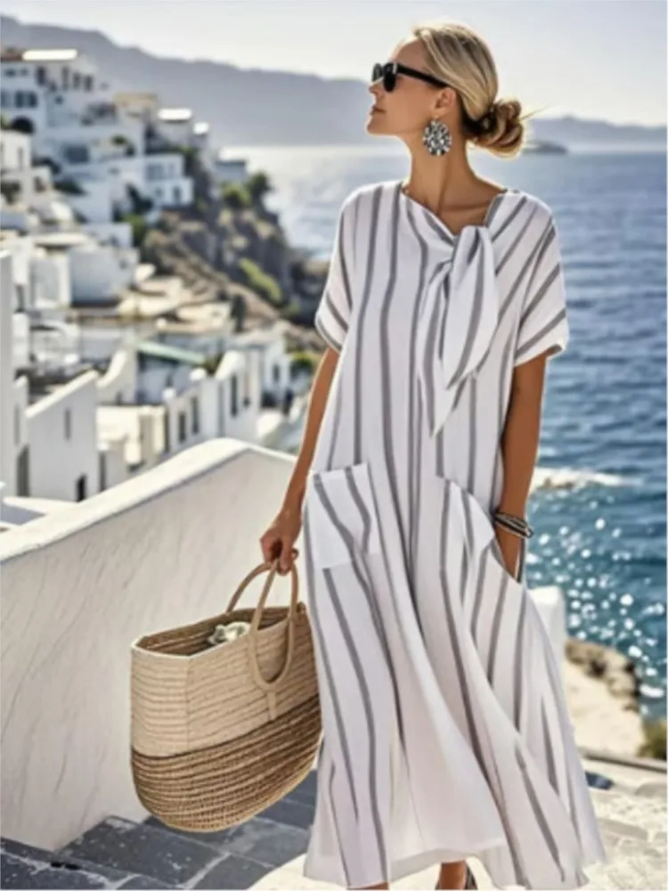 

Casual Stripe Print Crew Neck Lace-up Loose Long Dresses Woman Pocket Boho Party Dress Summer Short Sleeve Vacation Beach Dress