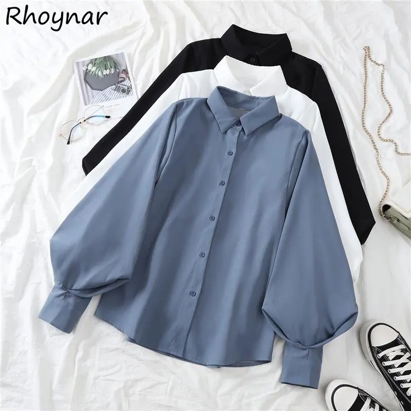 Lantern Sleeve Shirts Women Baggy S-3XL Aesthetics Preppy Pure Ins Minimalist Kpop Fashion Clothing Vintage Camisas Gentle Girls