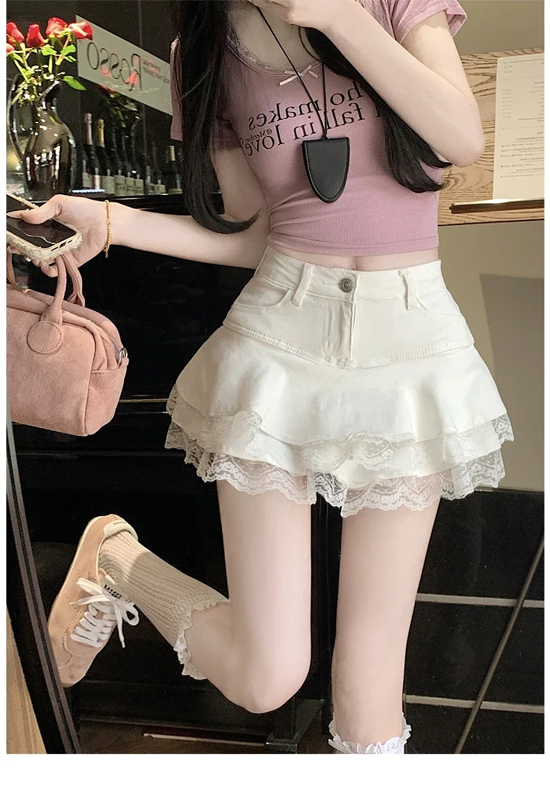 Y2k Retro Lace Trim Denim Cake Skirt Women Hight Waist A Line Mini Skirt Female Korean Fashion Casual Streetwear Pleated Skirt