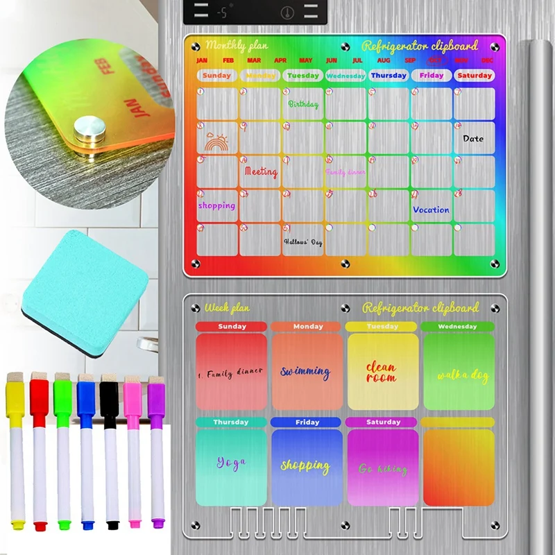 2 Set Clear Reusable Planner Whiteboard Calendar 16X12in Magnetic Calendar For Fridge Monthly & Weekly Calendar