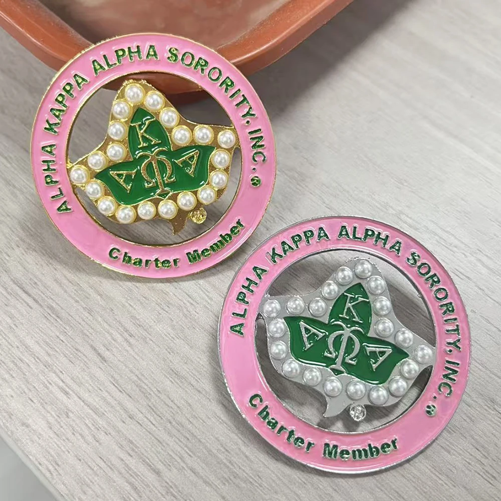 Alpha Sorority Pink Enamel Round Brooch with Green Ivy Leaf 