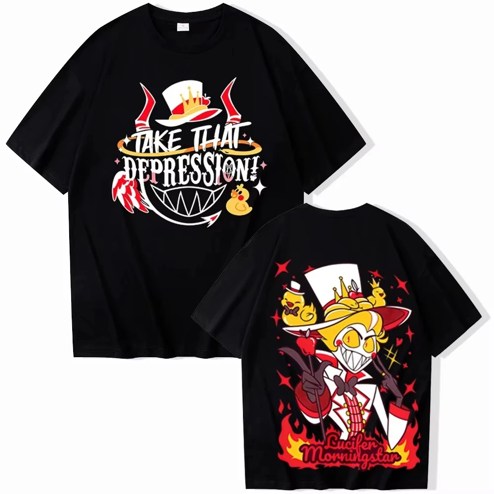 Hazbin Hotel Lucifer Graphic Washed Cotton T‑shirt Unisex Oversized Trendy Short Sleeve Harajuku Streetwear Casual Tops