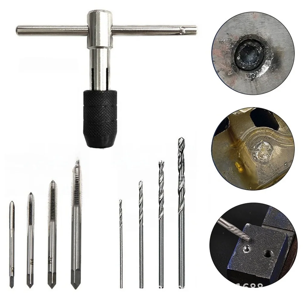 Adjustable Tap Wrench Set 9pcs M5 for m6 T Handle with 4 Screw for taps and 4 Drill Bits for and Applications Adjustable