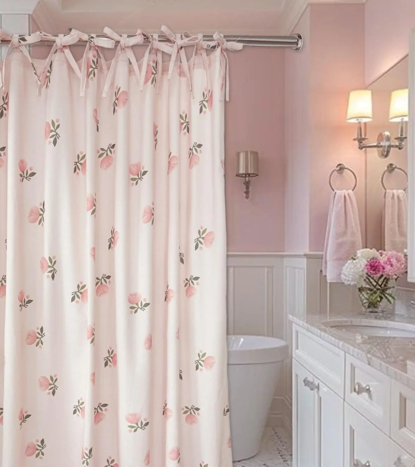 

Girly Pink Floral Shower Curtain Flower Rose Shower Curtain Linen-Cotton Blend 72x72 Inches for Bathroom Bedroom