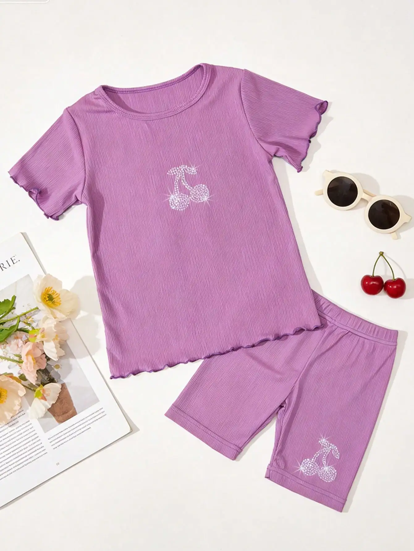 Kids Girls 2Pcs Cherry Rhinestone Print Outfit Set 2-11Y Short Sleeve T-shirt & Biker Shorts Polyester Spandex Summer Casual