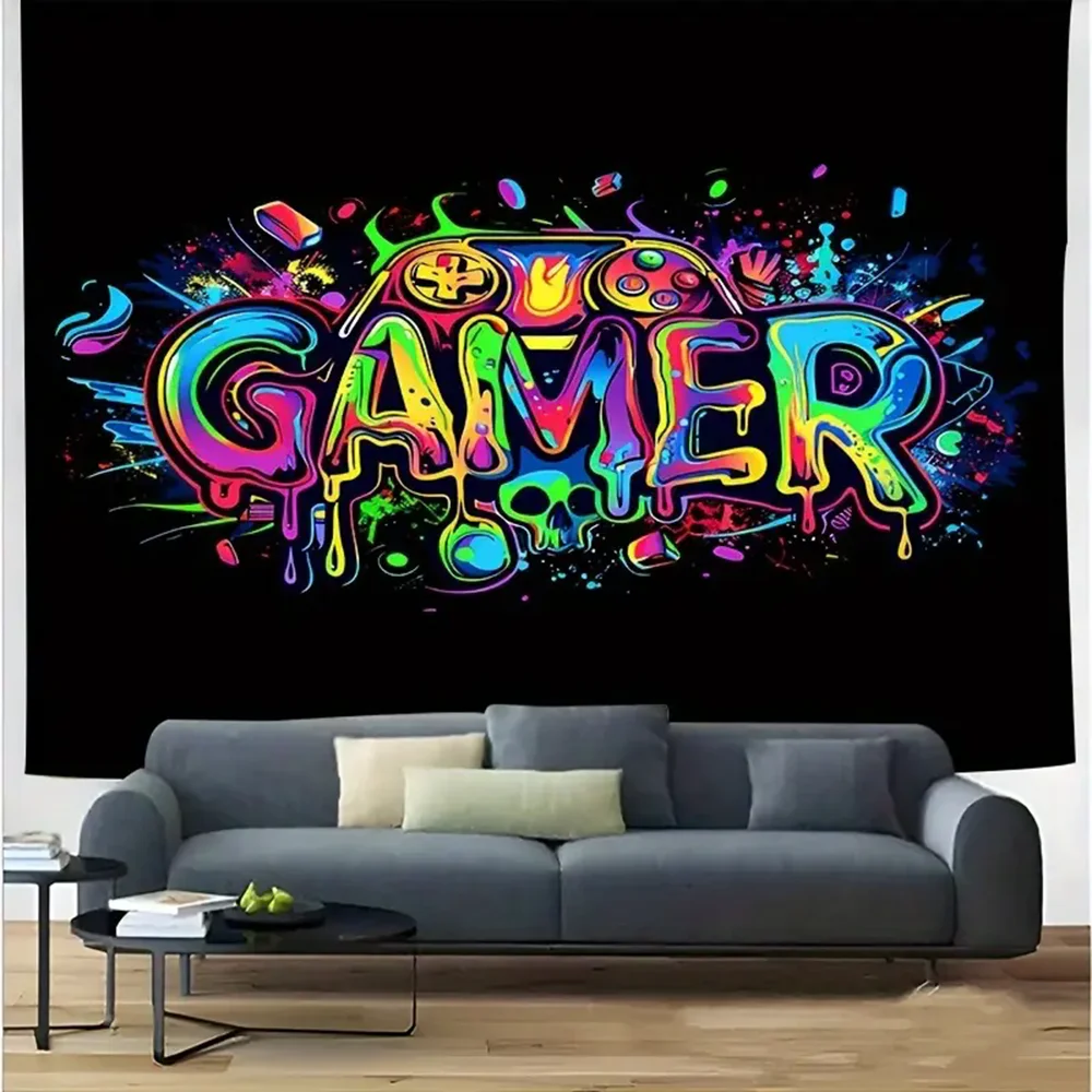 Futuristic Style Gamer Tapestry  For Boys Glow Colorful Game Controller Wall Hanging For Bedroom Living Room Esports Decoration