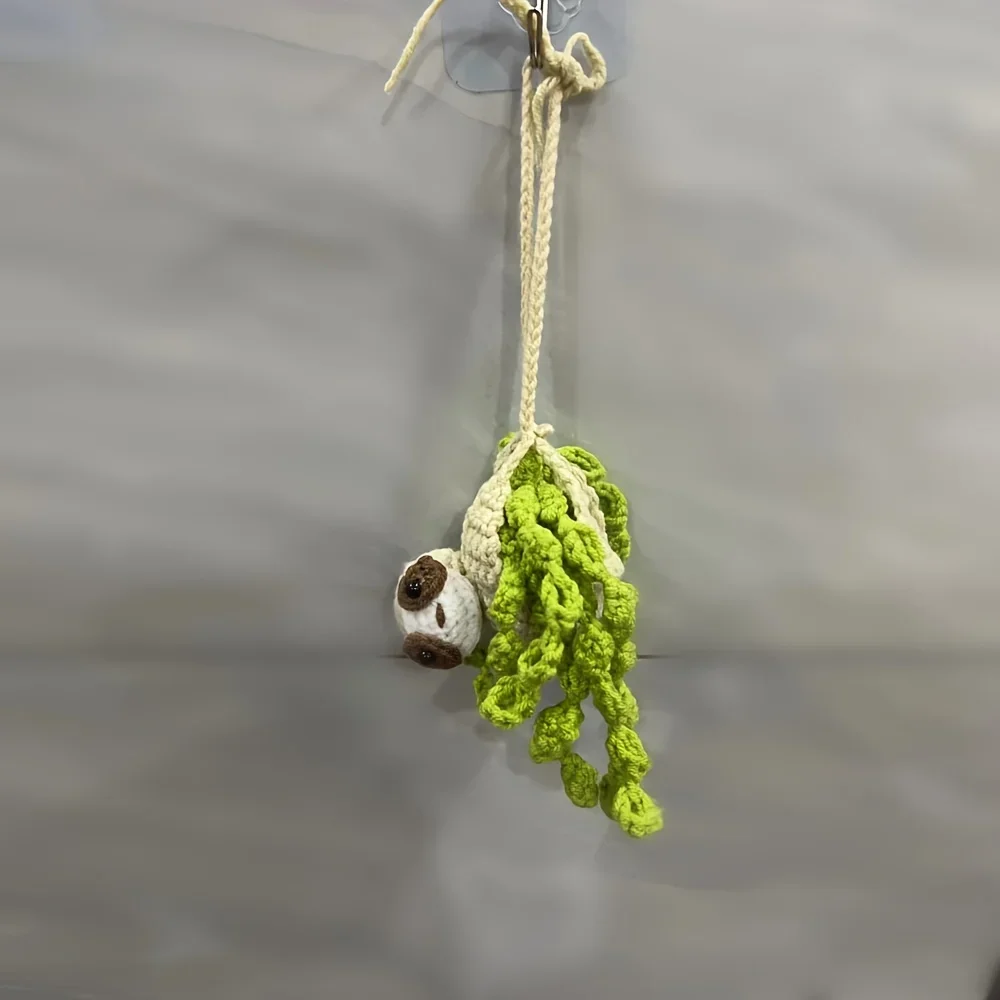 Car Hangings Cartoon Sloth with Plant Crochet Hanging Basket Rear View Mirror Ornament Automotive Interior Decoration