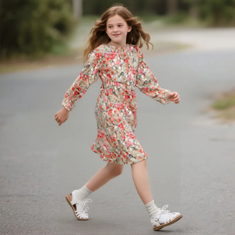 

Girls Casual Long Sleeve Floral Print Dress Spring Summer Comfortable Fashionable Young Girls Fashion 2026