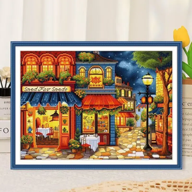 11CT 56X75CM Street shops Cross Stitch Embroidery DIY Printed Kits Needlework Set Home Decor Crafts New