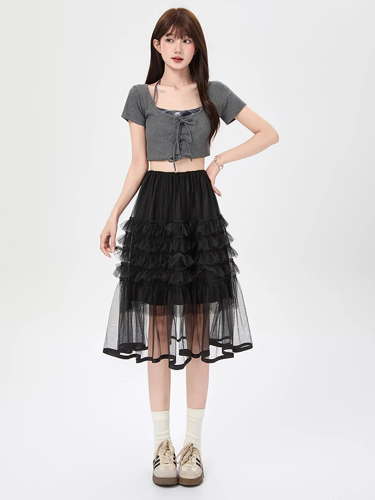Faldas de mujer para primavera/verano, estilo coreano, dulce, de tul, plisadas, con capas, de cintura alta, línea A, midi, para mujer, Faldas SK117