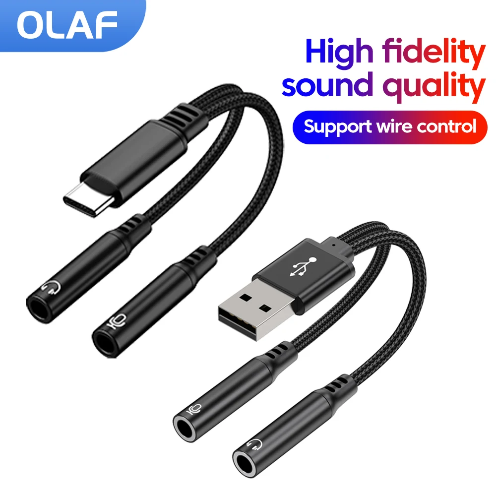 2-in-1 Audio Cable USB/Type C To Dual 3.5MM Jack Adapter Cable DAC Music Microphone Splitter Cable Wire Control Converter Cable