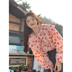 MEXZT Vintage Sweet Floral Shirts Women Cute Love Heart Print Peter Pan Collar Puff Long Sleeve Blouse Korean Preppy Casual Tops