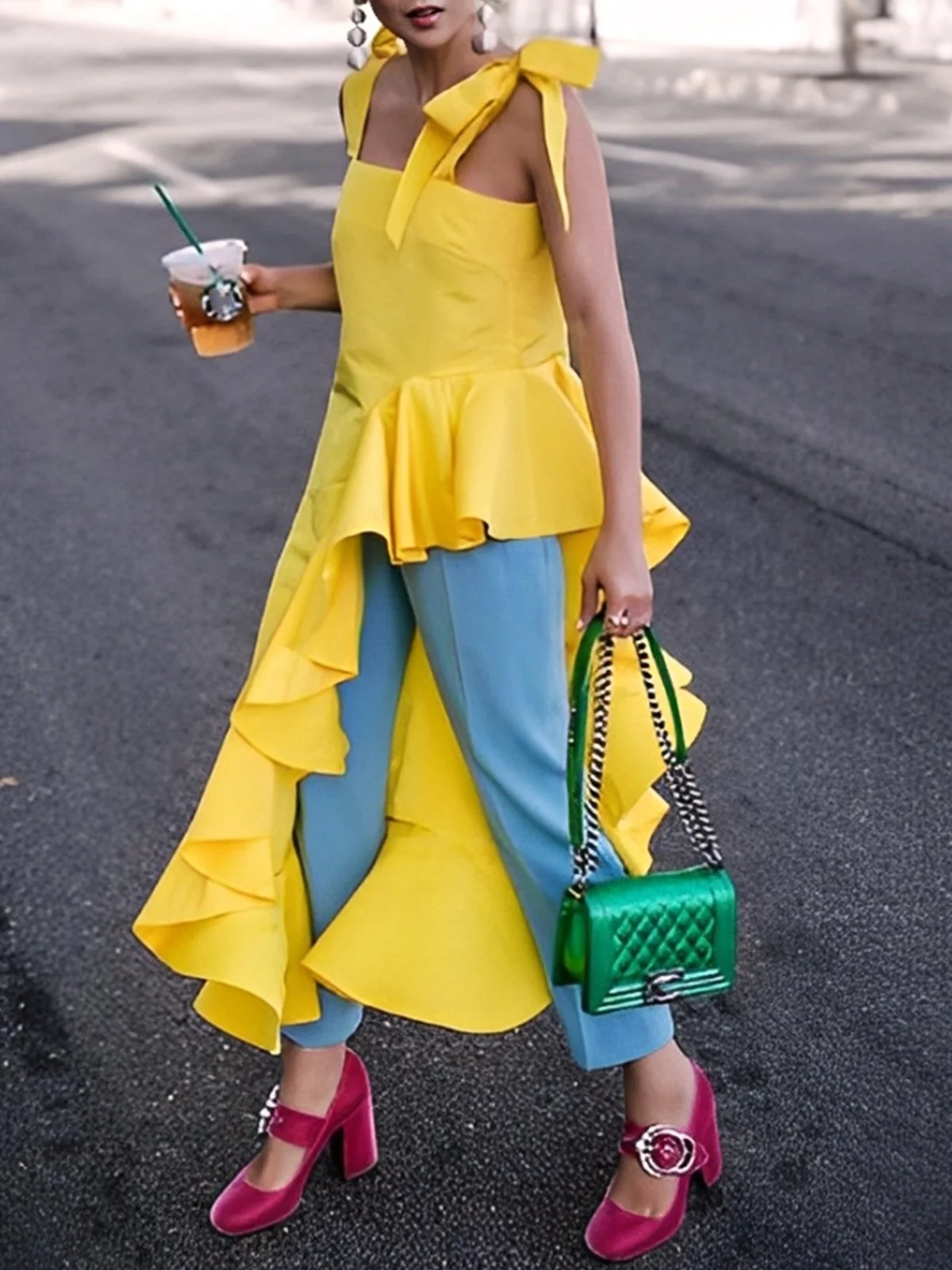 UOOZEE Tops de tubo alto-bajo con volantes asimétricos amarillos para mujer, blusas elegantes de fiesta sin mangas con tirantes finos y hombros descubiertos